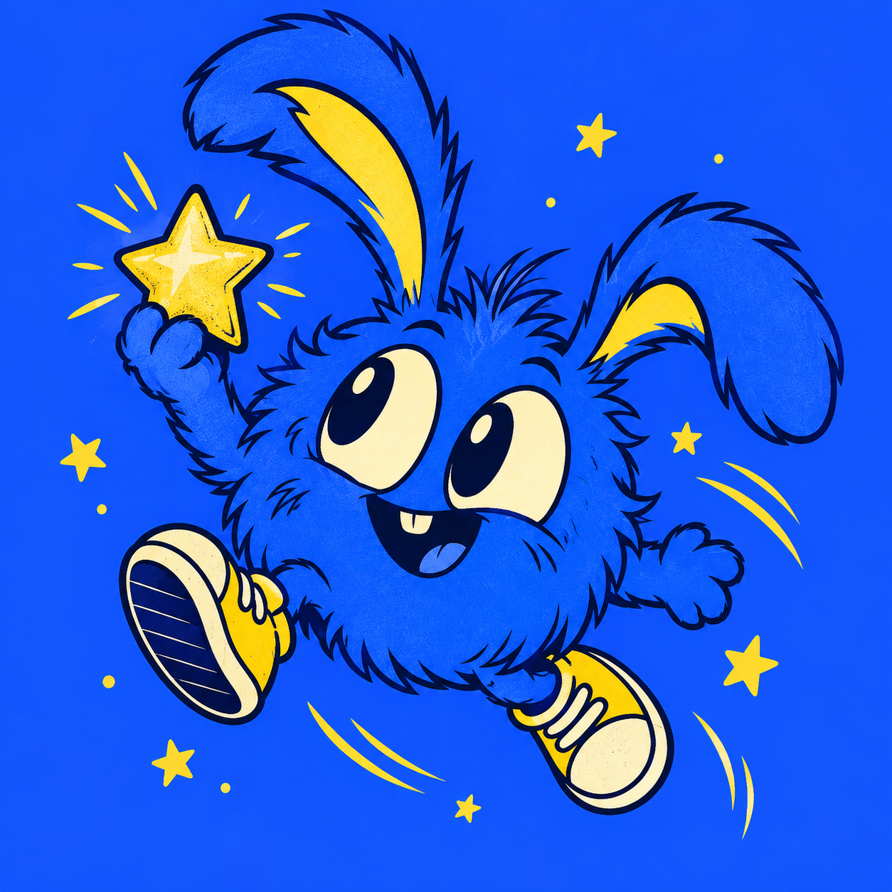 A mischievous blue dust bunny holding a golden crumb